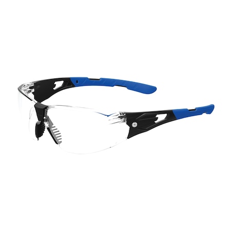 Ge Safety Glasses, Anti-Fog & Anti-Scratch, Clear Lens, Black/Blue Frame GE205CAF